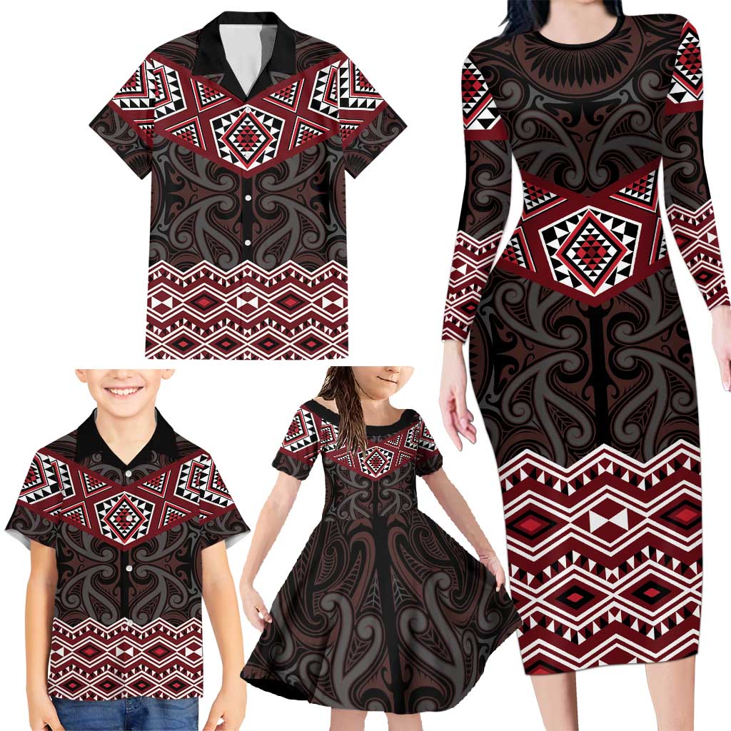 New Zealand Aotearoa Family Matching Long Sleeve Bodycon Dress and Hawaiian Shirt Red Taniko Art Maori Pattern