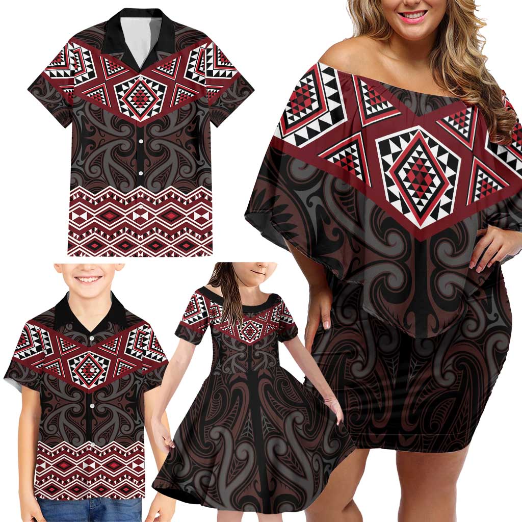 New Zealand Aotearoa Family Matching Off Shoulder Short Dress and Hawaiian Shirt Red Taniko Art Maori Pattern