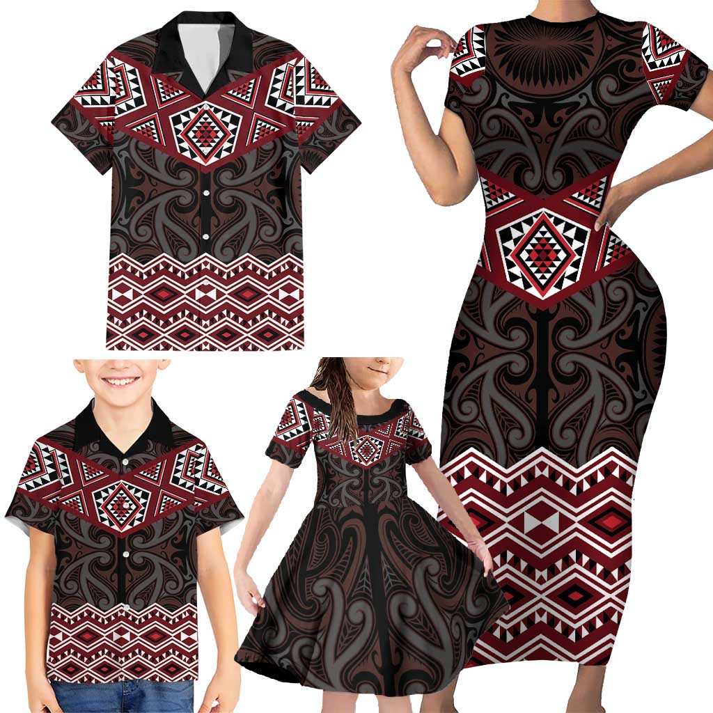 New Zealand Aotearoa Family Matching Short Sleeve Bodycon Dress and Hawaiian Shirt Red Taniko Art Maori Pattern