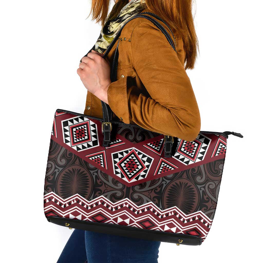 New Zealand Aotearoa Leather Tote Bag Red Taniko Art Maori Pattern LT05 Red - Polynesian Pride