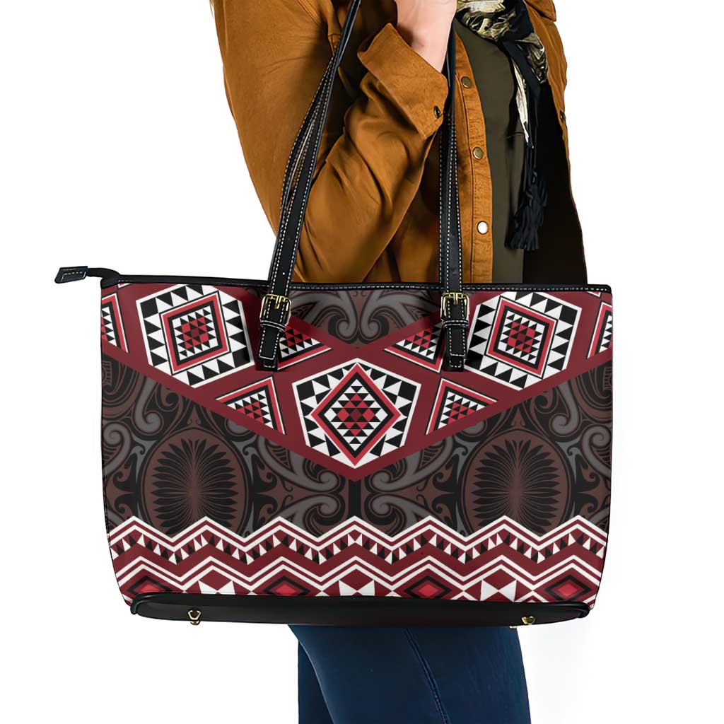 New Zealand Aotearoa Leather Tote Bag Red Taniko Art Maori Pattern LT05 - Polynesian Pride