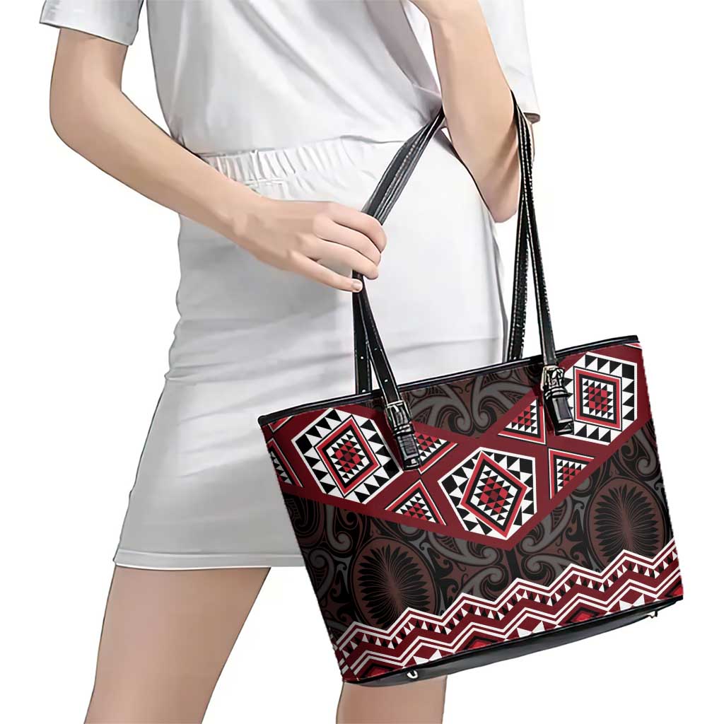 New Zealand Aotearoa Leather Tote Bag Red Taniko Art Maori Pattern LT05 - Polynesian Pride