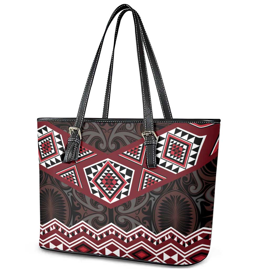 New Zealand Aotearoa Leather Tote Bag Red Taniko Art Maori Pattern LT05 - Polynesian Pride