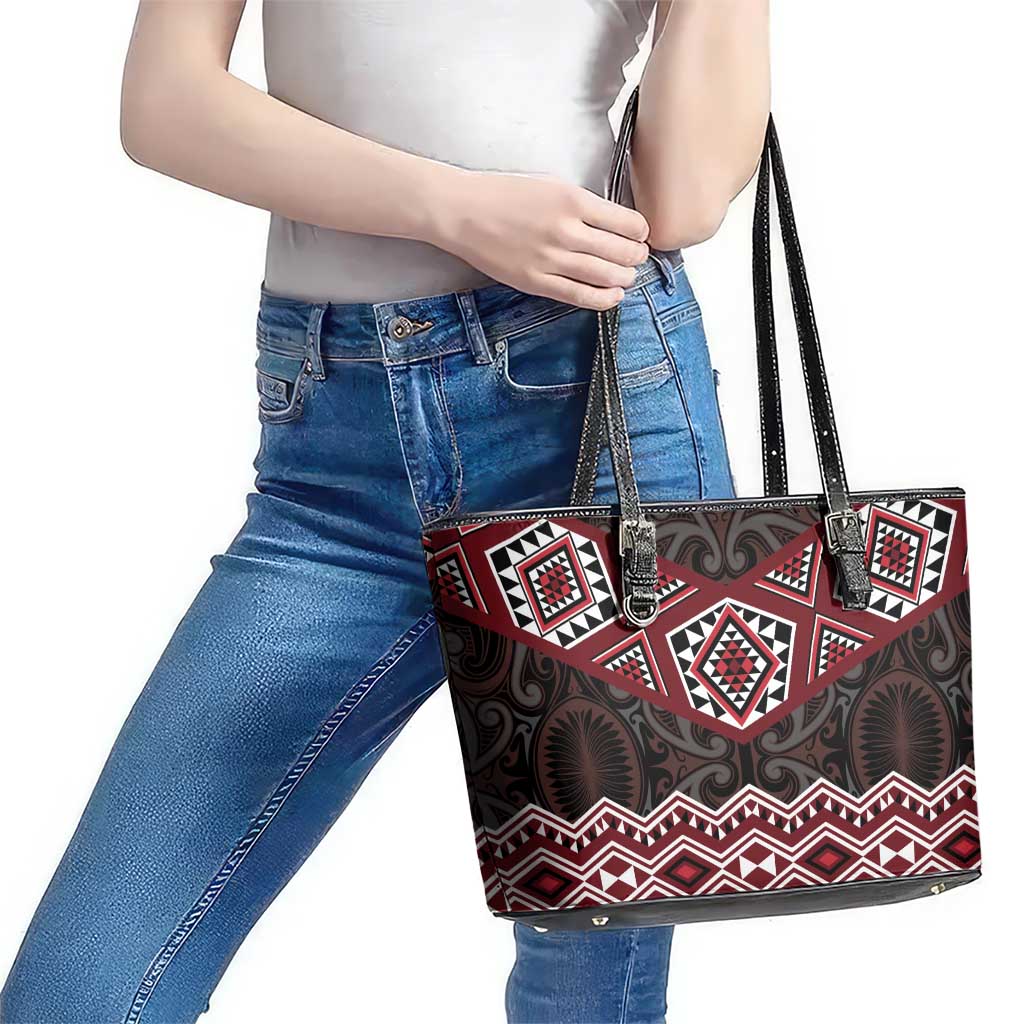 New Zealand Aotearoa Leather Tote Bag Red Taniko Art Maori Pattern LT05 - Polynesian Pride