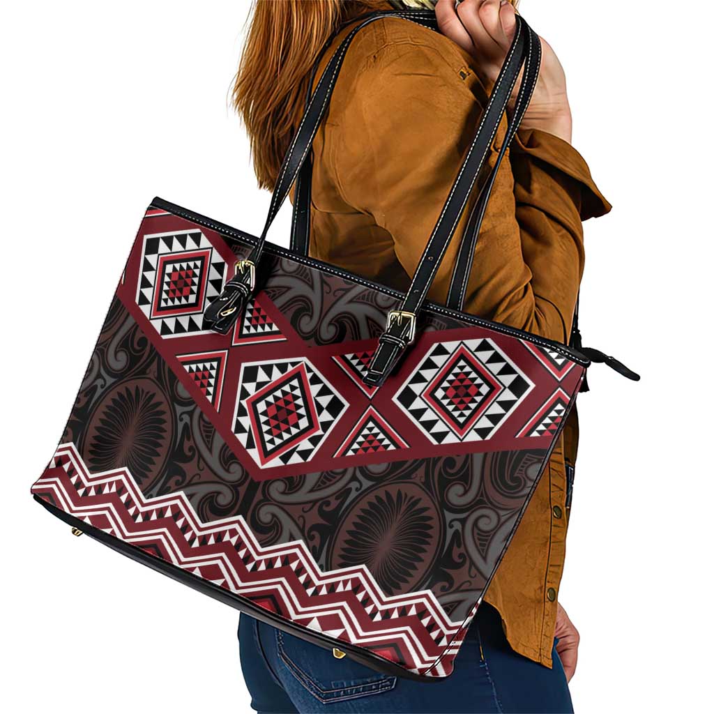 New Zealand Aotearoa Leather Tote Bag Red Taniko Art Maori Pattern LT05 - Polynesian Pride