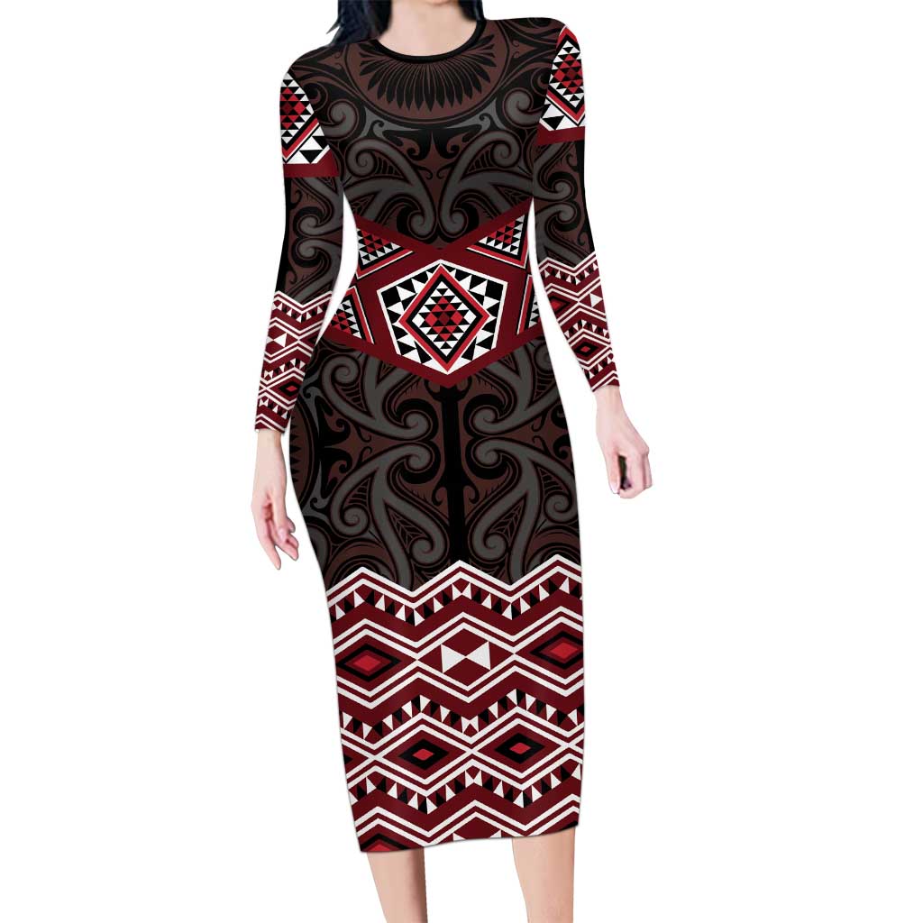 New Zealand Aotearoa Long Sleeve Bodycon Dress Red Taniko Art Maori Pattern LT05 Long Dress Red - Polynesian Pride