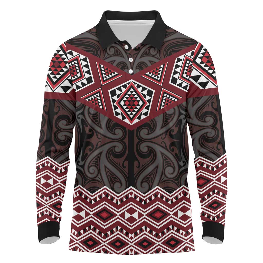 New Zealand Aotearoa Long Sleeve Polo Shirt Red Taniko Art Maori Pattern LT05 Red - Polynesian Pride