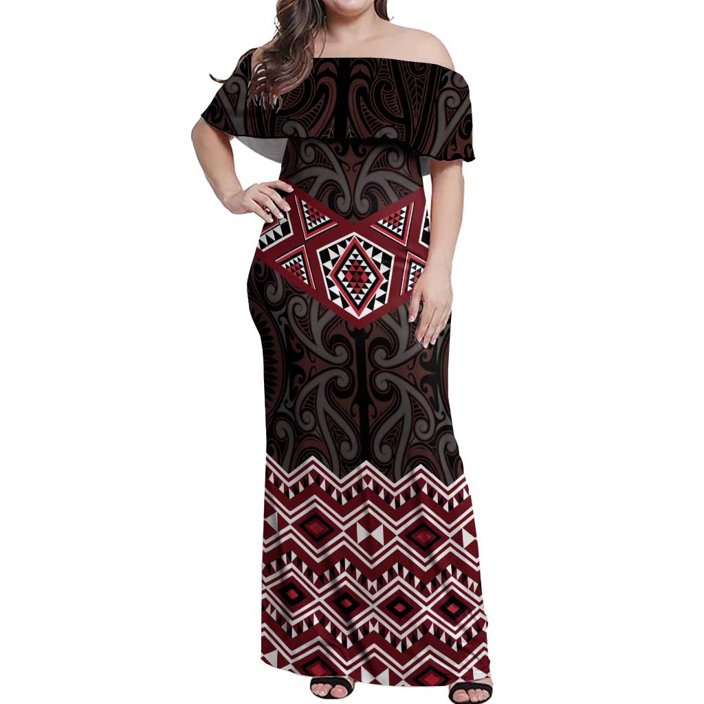 New Zealand Aotearoa Off Shoulder Maxi Dress Red Taniko Art Maori Pattern LT05 Women Red - Polynesian Pride