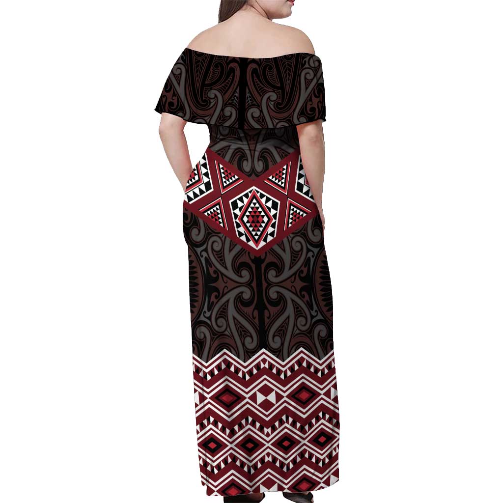 New Zealand Aotearoa Off Shoulder Maxi Dress Red Taniko Art Maori Pattern LT05 - Polynesian Pride