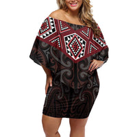 New Zealand Aotearoa Off Shoulder Short Dress Red Taniko Art Maori Pattern LT05 Women Red - Polynesian Pride