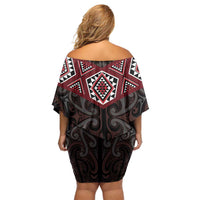 New Zealand Aotearoa Off Shoulder Short Dress Red Taniko Art Maori Pattern LT05 - Polynesian Pride