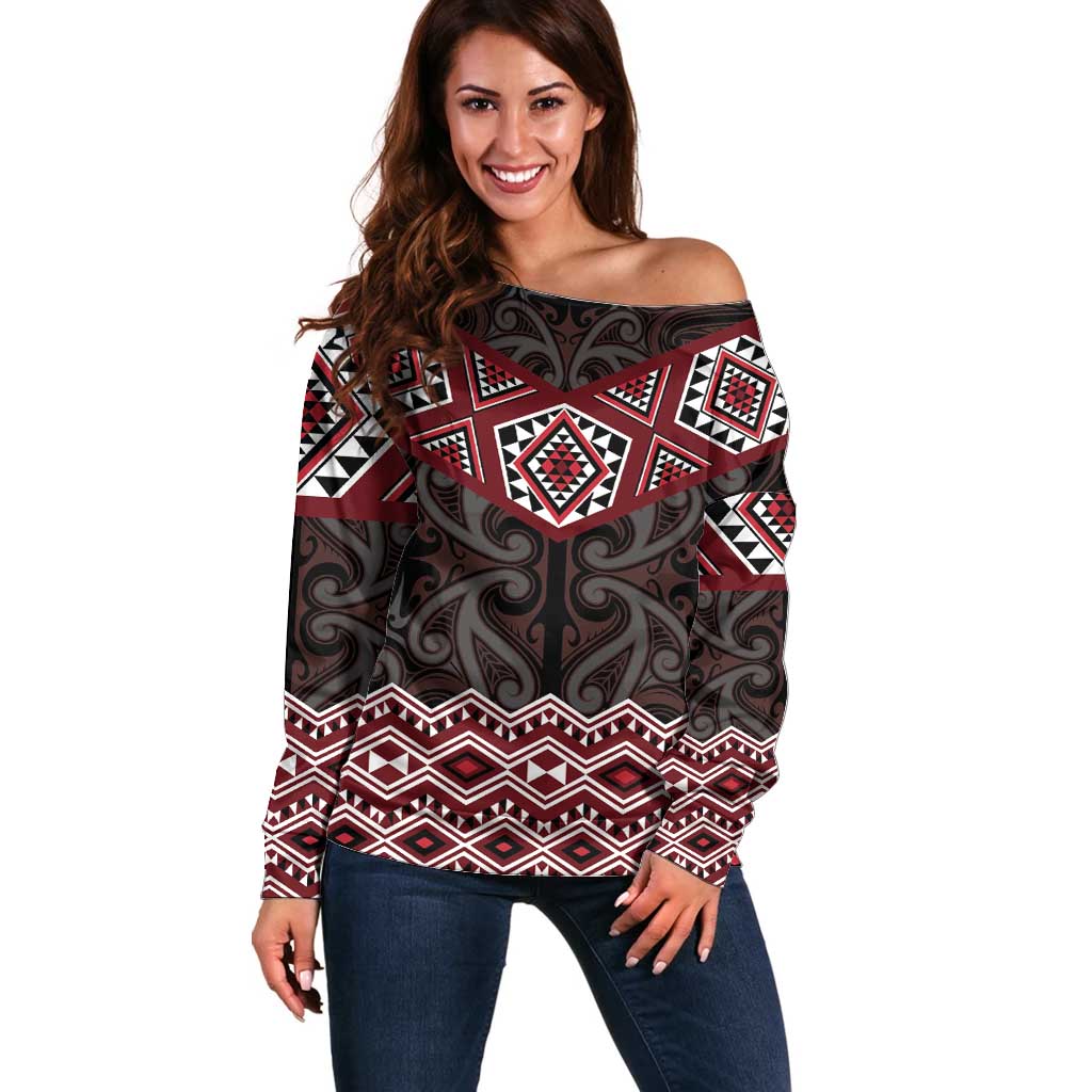 New Zealand Aotearoa Off Shoulder Sweater Red Taniko Art Maori Pattern LT05 Women Red - Polynesian Pride