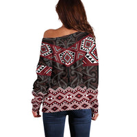 New Zealand Aotearoa Off Shoulder Sweater Red Taniko Art Maori Pattern LT05 - Polynesian Pride