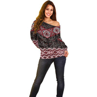 New Zealand Aotearoa Off Shoulder Sweater Red Taniko Art Maori Pattern LT05 - Polynesian Pride