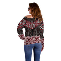 New Zealand Aotearoa Off Shoulder Sweater Red Taniko Art Maori Pattern LT05 - Polynesian Pride