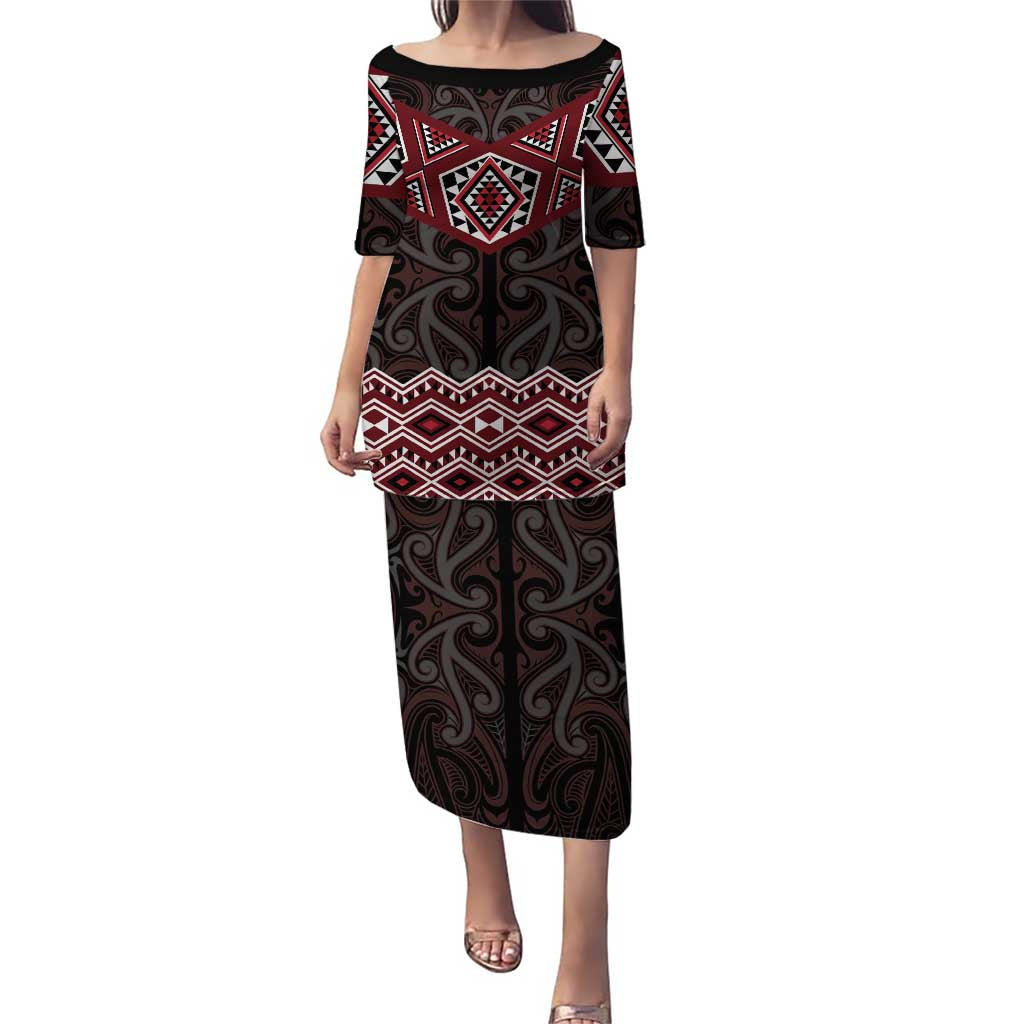 New Zealand Aotearoa Puletasi Red Taniko Art Maori Pattern LT05 Long Dress Red - Polynesian Pride