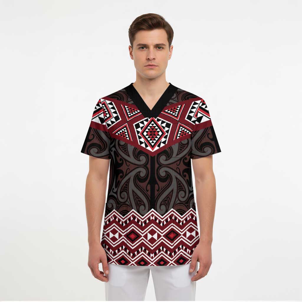 New Zealand Aotearoa Scrub Top Red Taniko Art Maori Pattern LT05 - Polynesian Pride