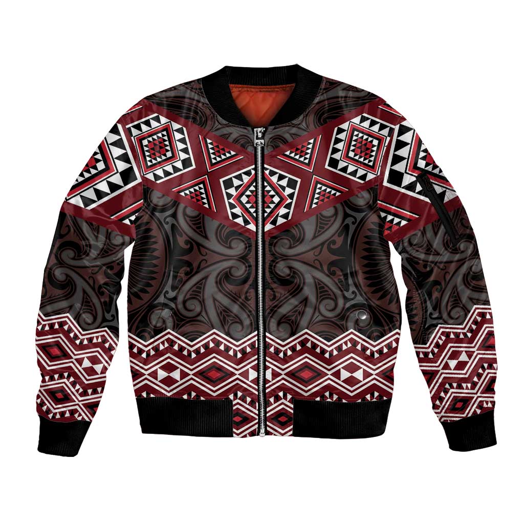 New Zealand Aotearoa Sleeve Zip Bomber Jacket Red Taniko Art Maori Pattern LT05 Unisex Red - Polynesian Pride