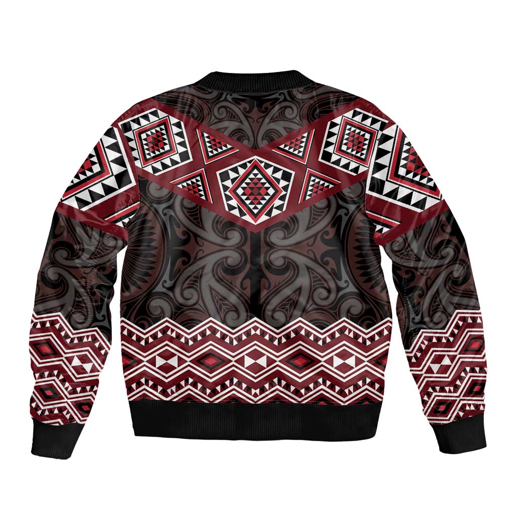 New Zealand Aotearoa Sleeve Zip Bomber Jacket Red Taniko Art Maori Pattern LT05 - Polynesian Pride