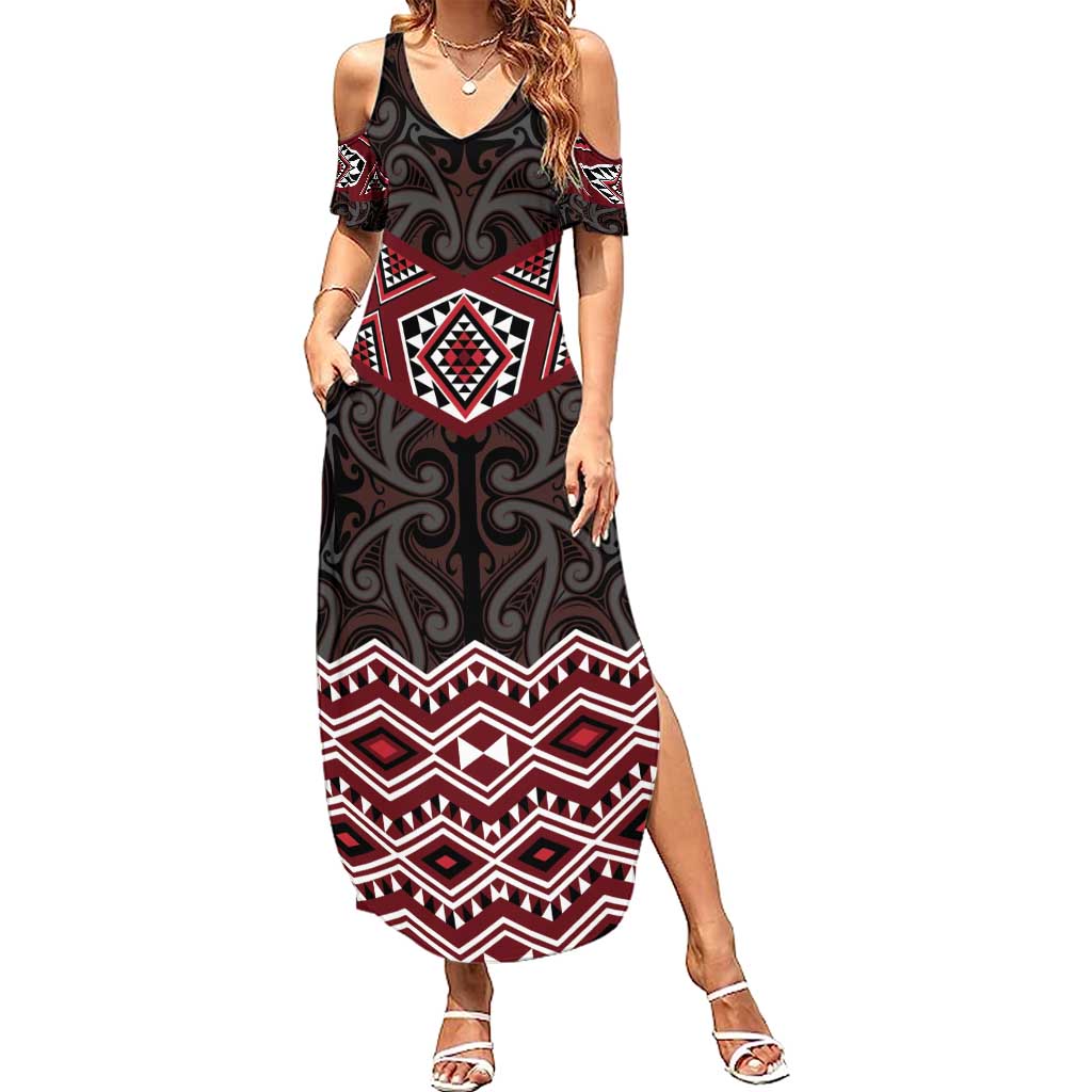New Zealand Aotearoa Summer Maxi Dress Red Taniko Art Maori Pattern LT05 Women Red - Polynesian Pride