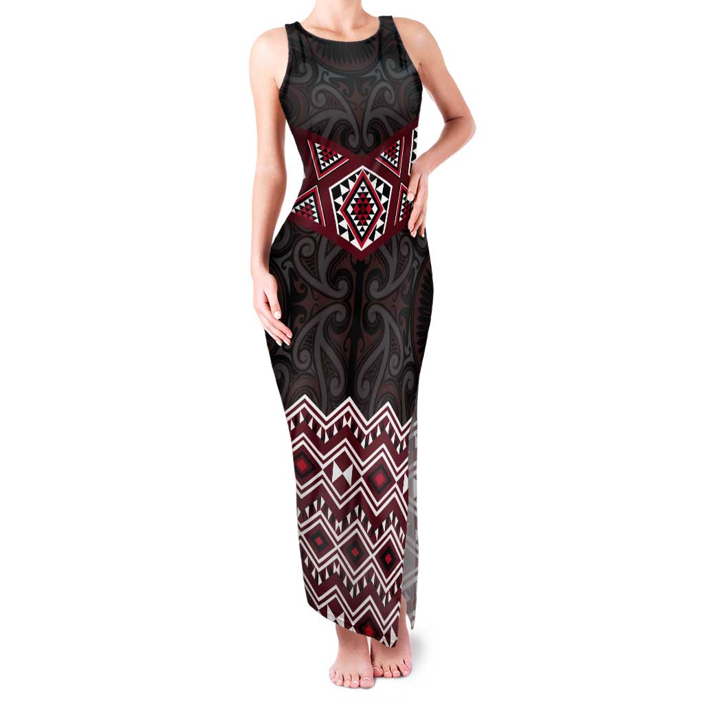 New Zealand Aotearoa Tank Maxi Dress Red Taniko Art Maori Pattern LT05 Women Red - Polynesian Pride
