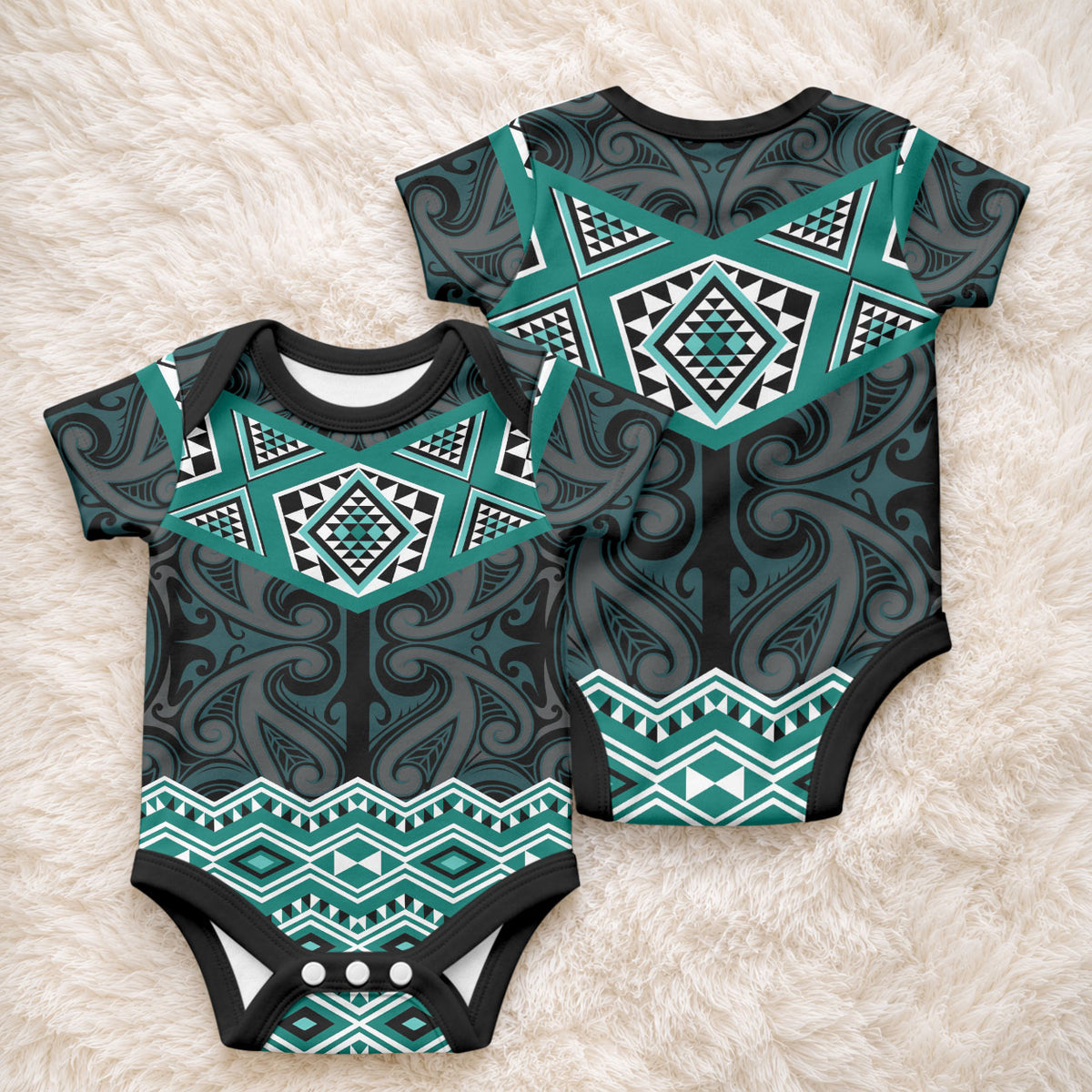 New Zealand Aotearoa Baby Onesie Turquoise Taniko Art Maori Pattern LT05 - Polynesian Pride