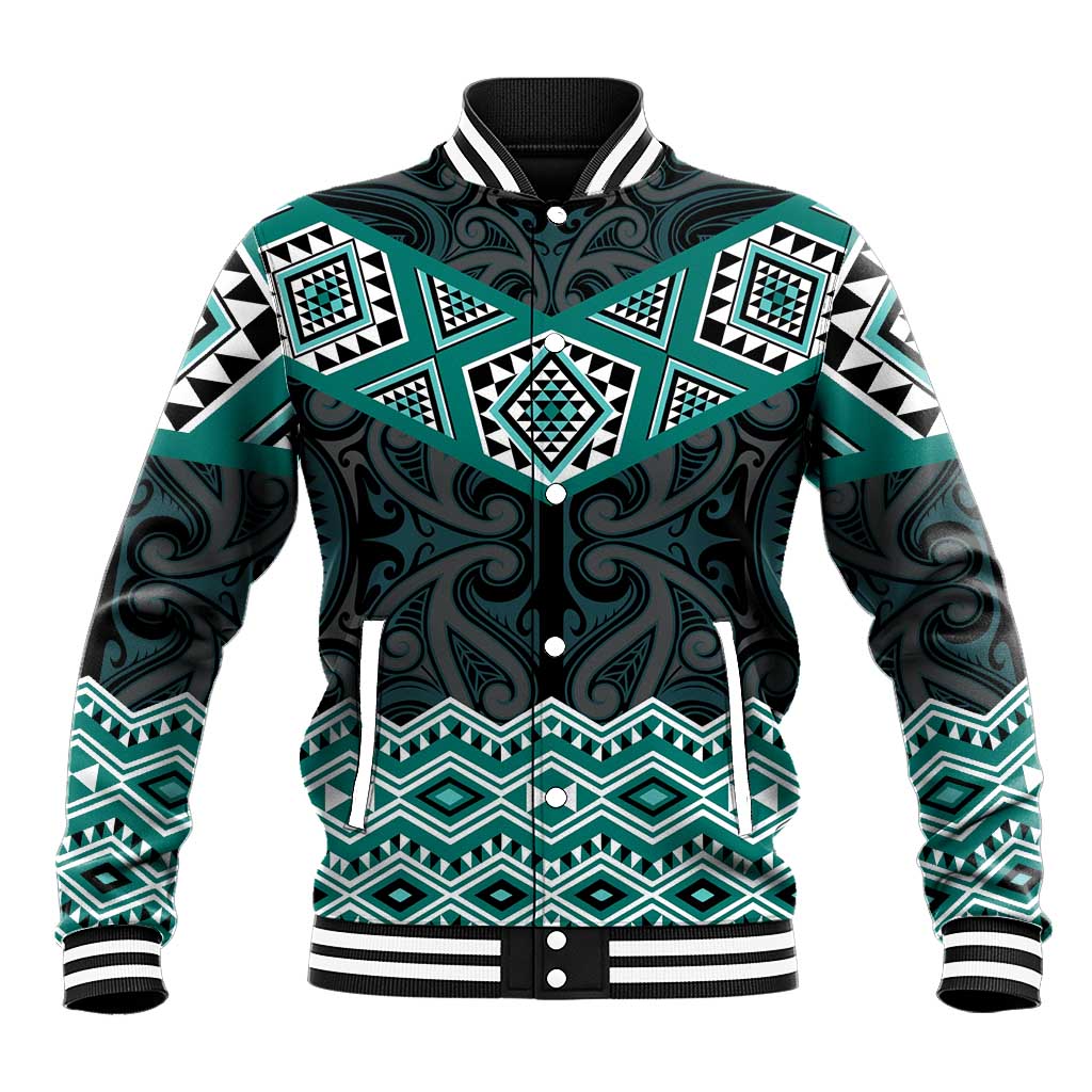New Zealand Aotearoa Baseball Jacket Turquoise Taniko Art Maori Pattern LT05 Unisex Turquoise - Polynesian Pride