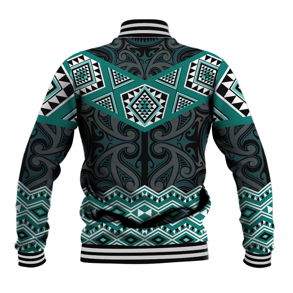 New Zealand Aotearoa Baseball Jacket Turquoise Taniko Art Maori Pattern LT05 - Polynesian Pride