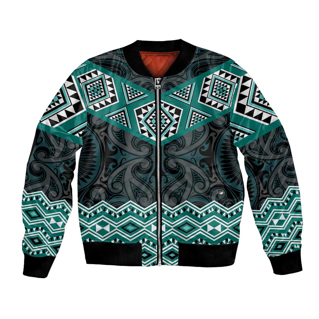 New Zealand Aotearoa Bomber Jacket Turquoise Taniko Art Maori Pattern LT05 Unisex Turquoise - Polynesian Pride