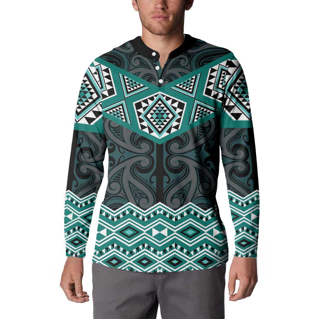 New Zealand Aotearoa Button Sweatshirt Turquoise Taniko Art Maori Pattern LT05 - Polynesian Pride