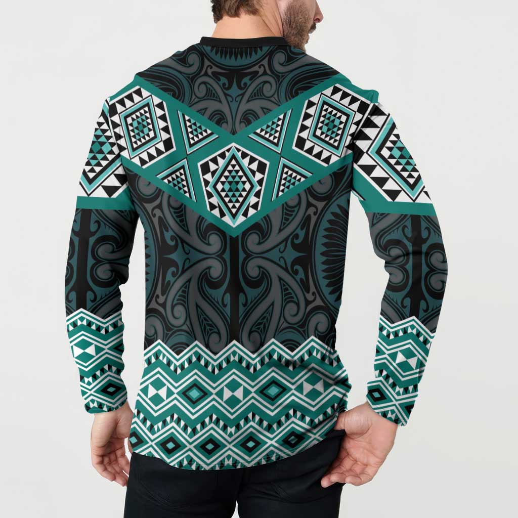 New Zealand Aotearoa Button Sweatshirt Turquoise Taniko Art Maori Pattern LT05 - Polynesian Pride
