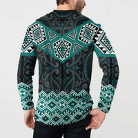 New Zealand Aotearoa Button Sweatshirt Turquoise Taniko Art Maori Pattern LT05 - Polynesian Pride