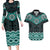 New Zealand Aotearoa Couples Matching Long Sleeve Bodycon Dress and Hawaiian Shirt Turquoise Taniko Art Maori Pattern