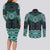 New Zealand Aotearoa Couples Matching Long Sleeve Bodycon Dress and Long Sleeve Button Shirt Turquoise Taniko Art Maori Pattern