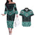 New Zealand Aotearoa Couples Matching Off The Shoulder Long Sleeve Dress and Hawaiian Shirt Turquoise Taniko Art Maori Pattern