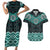 New Zealand Aotearoa Couples Matching Short Sleeve Bodycon Dress and Hawaiian Shirt Turquoise Taniko Art Maori Pattern