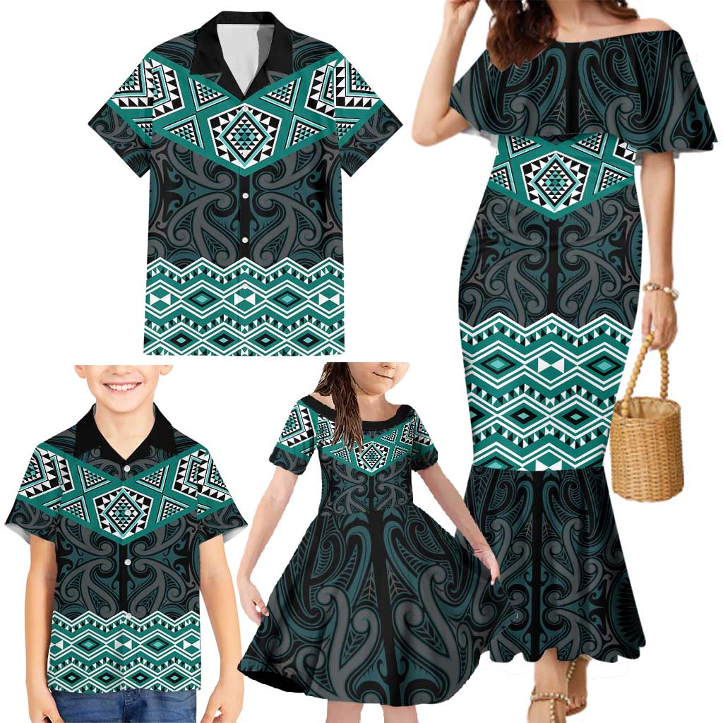 New Zealand Aotearoa Family Matching Mermaid Dress and Hawaiian Shirt Turquoise Taniko Art Maori Pattern