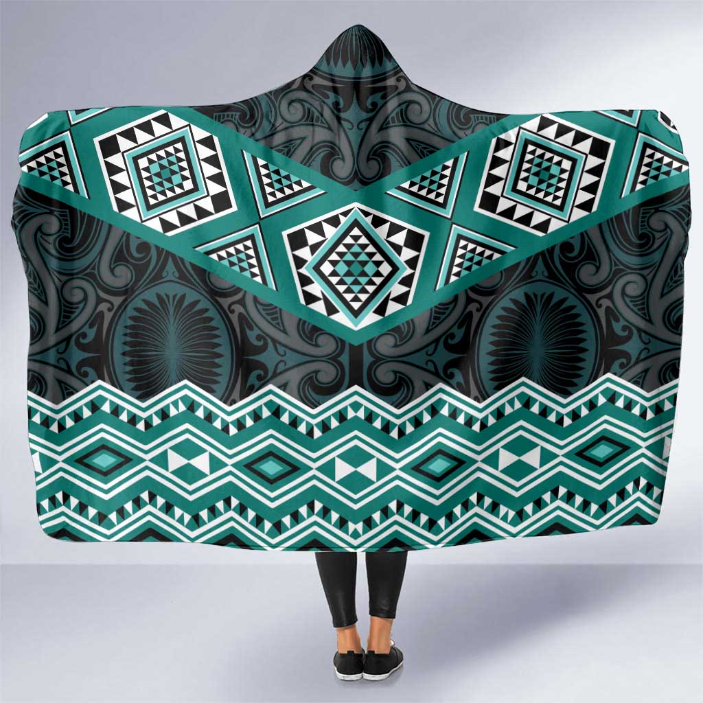 New Zealand Aotearoa Hooded Blanket Turquoise Taniko Art Maori Pattern LT05 One Size Turquoise - Polynesian Pride