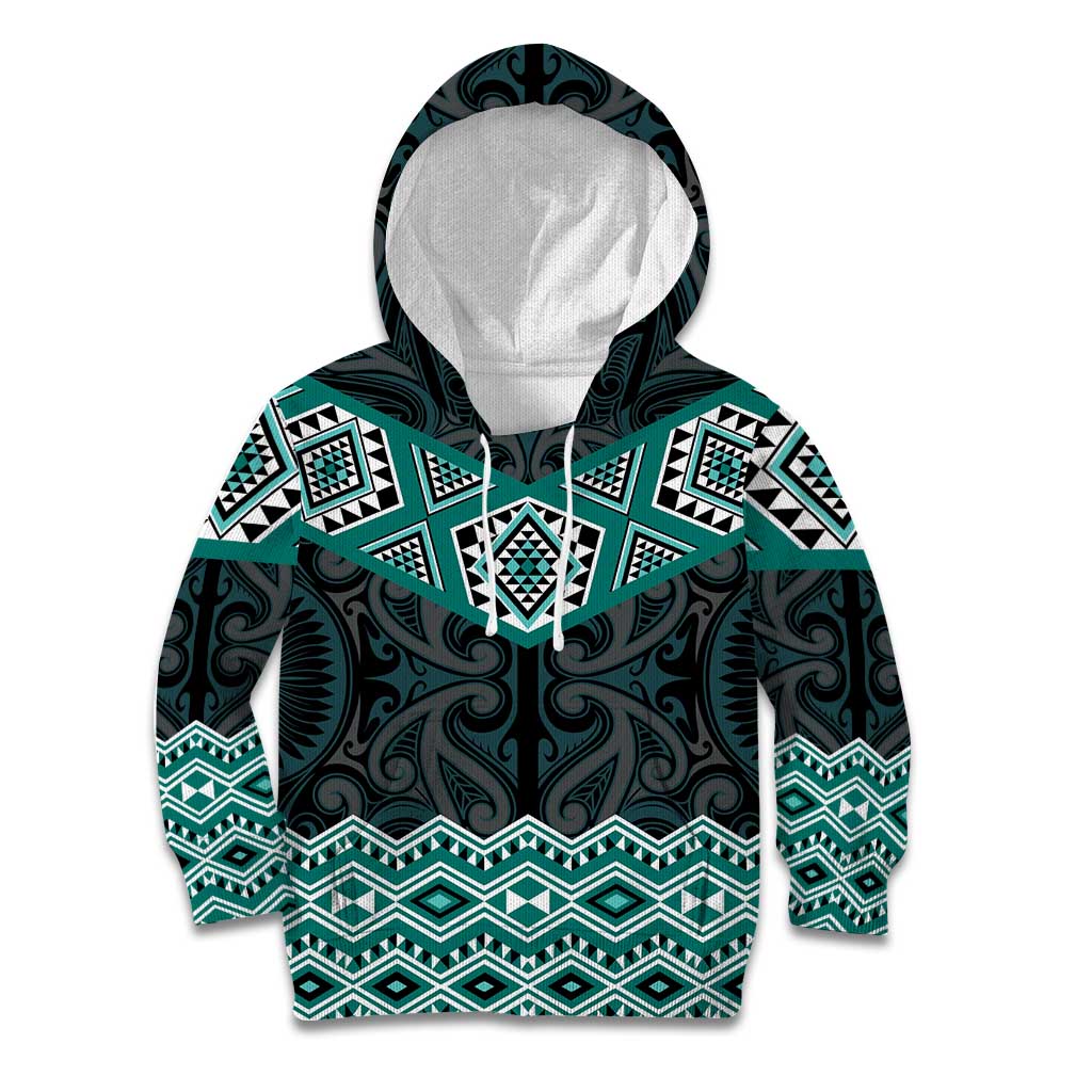 New Zealand Aotearoa Kid Hoodie Turquoise Taniko Art Maori Pattern LT05 Hoodie Turquoise - Polynesian Pride