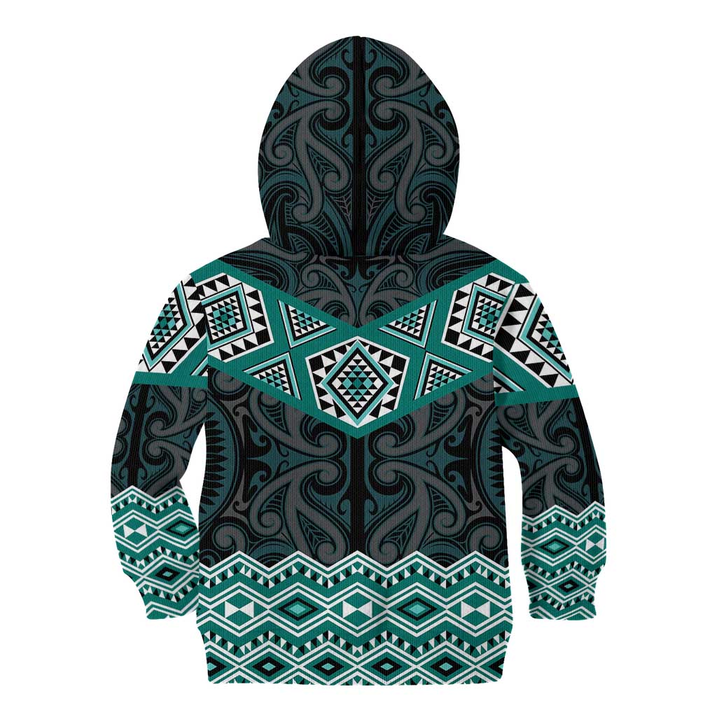New Zealand Aotearoa Kid Hoodie Turquoise Taniko Art Maori Pattern LT05 - Polynesian Pride