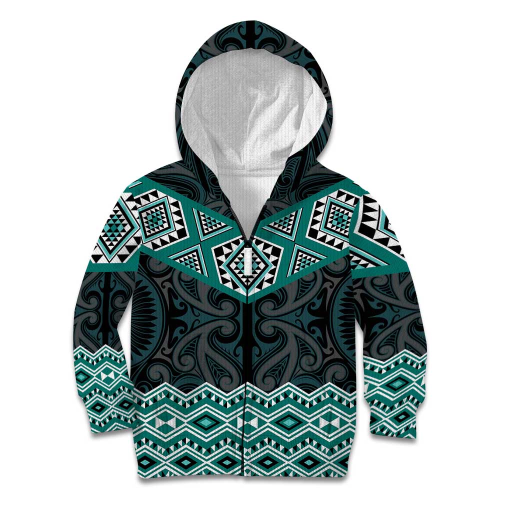 New Zealand Aotearoa Kid Hoodie Turquoise Taniko Art Maori Pattern LT05 Zip Hoodie Turquoise - Polynesian Pride