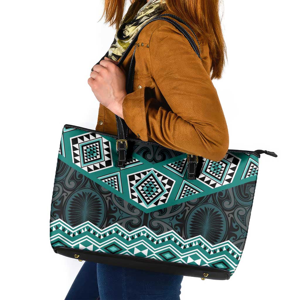 New Zealand Aotearoa Leather Tote Bag Turquoise Taniko Art Maori Pattern LT05 Turquoise - Polynesian Pride