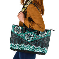New Zealand Aotearoa Leather Tote Bag Turquoise Taniko Art Maori Pattern LT05 Turquoise - Polynesian Pride