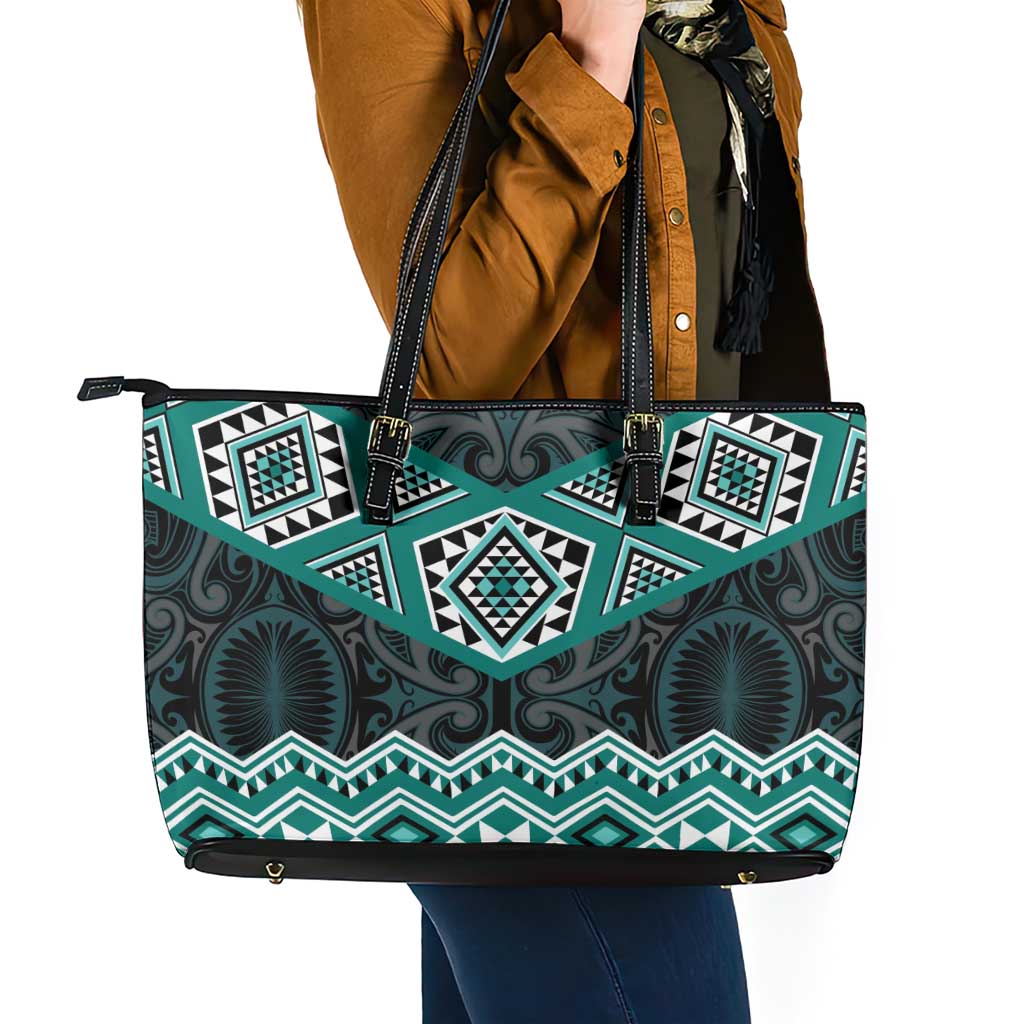 New Zealand Aotearoa Leather Tote Bag Turquoise Taniko Art Maori Pattern LT05 - Polynesian Pride