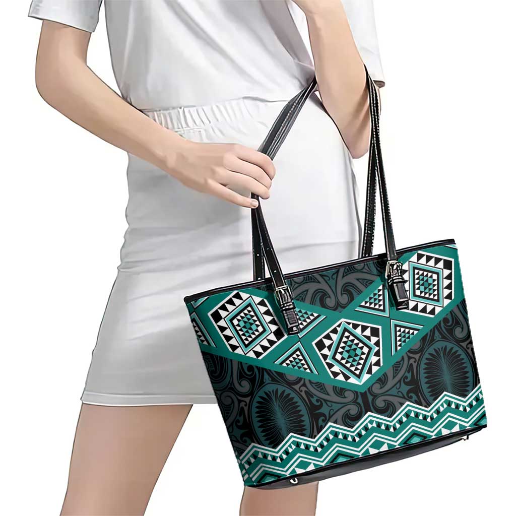 New Zealand Aotearoa Leather Tote Bag Turquoise Taniko Art Maori Pattern LT05 - Polynesian Pride