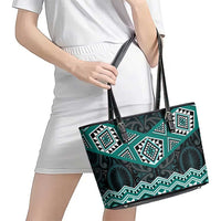 New Zealand Aotearoa Leather Tote Bag Turquoise Taniko Art Maori Pattern LT05 - Polynesian Pride