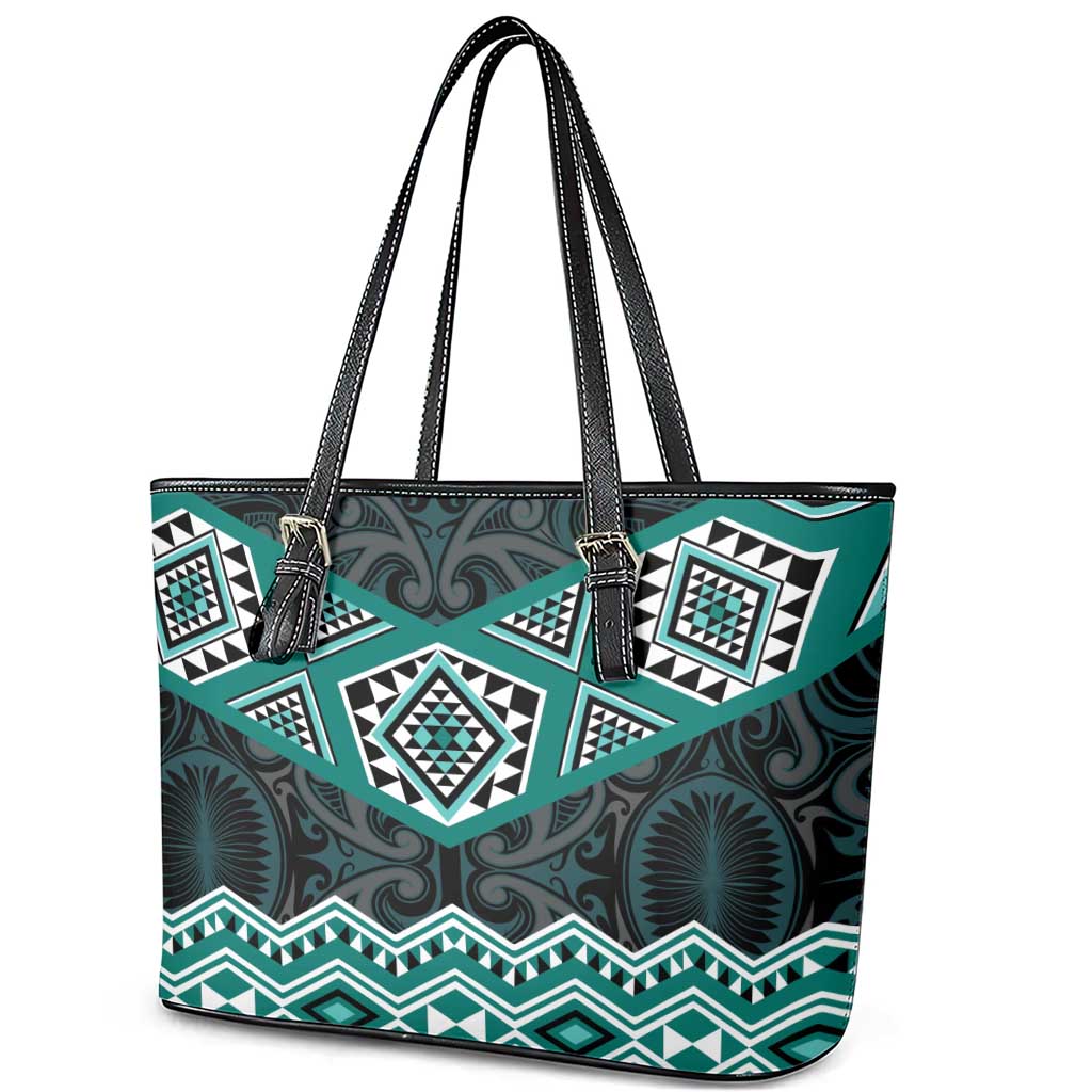 New Zealand Aotearoa Leather Tote Bag Turquoise Taniko Art Maori Pattern LT05 - Polynesian Pride