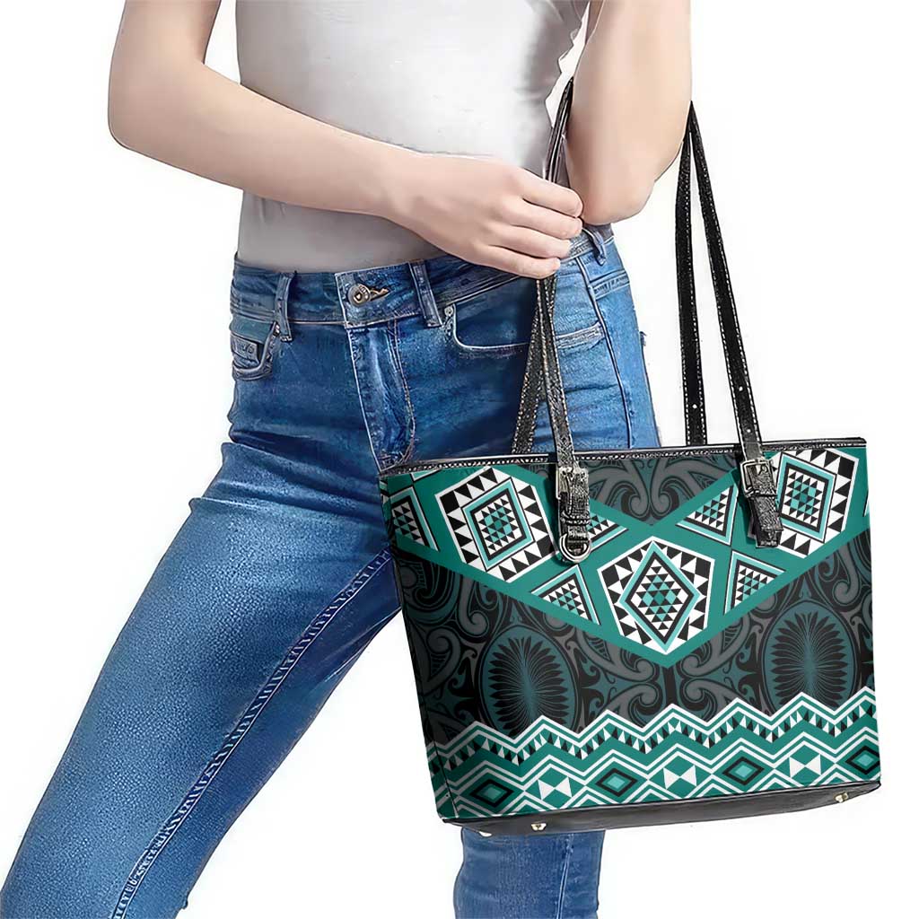 New Zealand Aotearoa Leather Tote Bag Turquoise Taniko Art Maori Pattern LT05 - Polynesian Pride