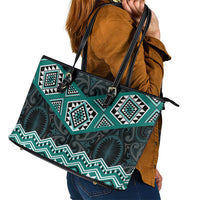 New Zealand Aotearoa Leather Tote Bag Turquoise Taniko Art Maori Pattern LT05 - Polynesian Pride