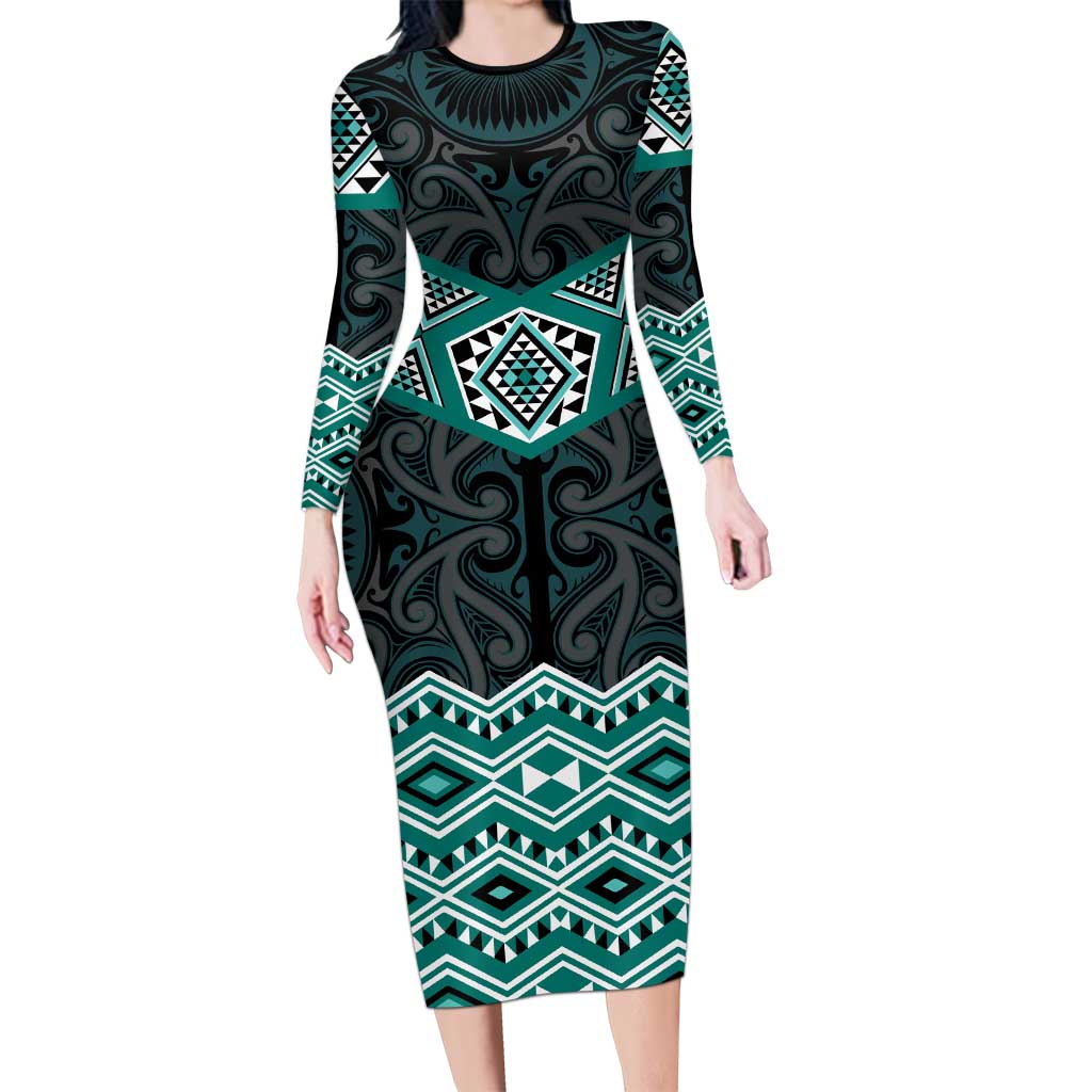 New Zealand Aotearoa Long Sleeve Bodycon Dress Turquoise Taniko Art Maori Pattern LT05 Long Dress Turquoise - Polynesian Pride
